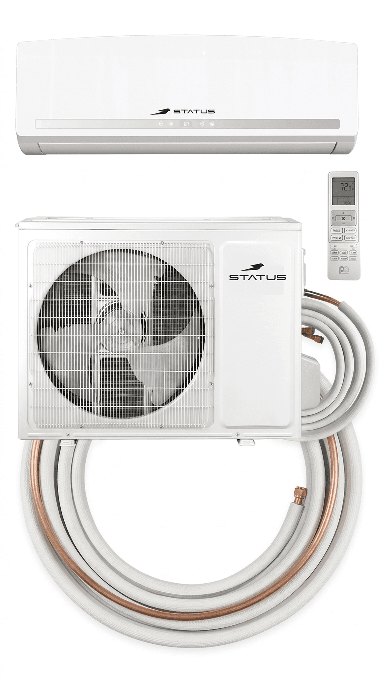 STATUS mini-split complete kit — indoor unit, outdoor condenser, pre-charged lineset, and remote control