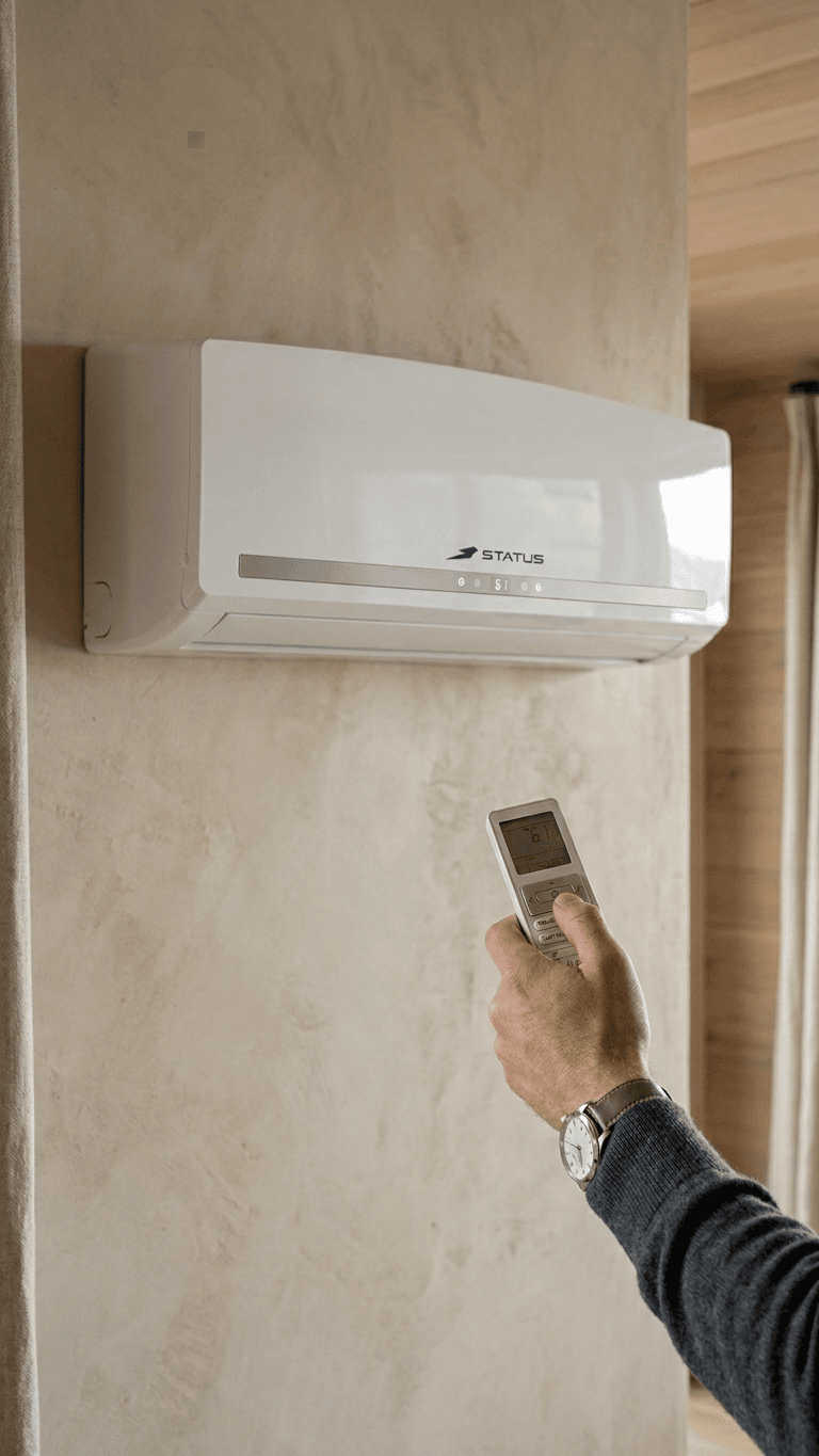 Homeowner using remote control to adjust STATUS wall-mounted mini-split